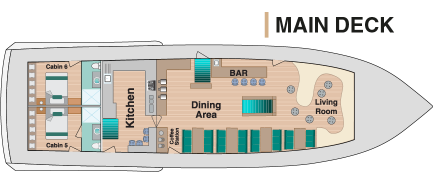 Bonita Yacht - Galapagos Cruises: Deack Plan - Main Deck