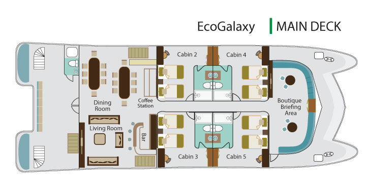 Galapagos Cruises - EcoGalaxy Catamaran: Deack Plan - Main Deck