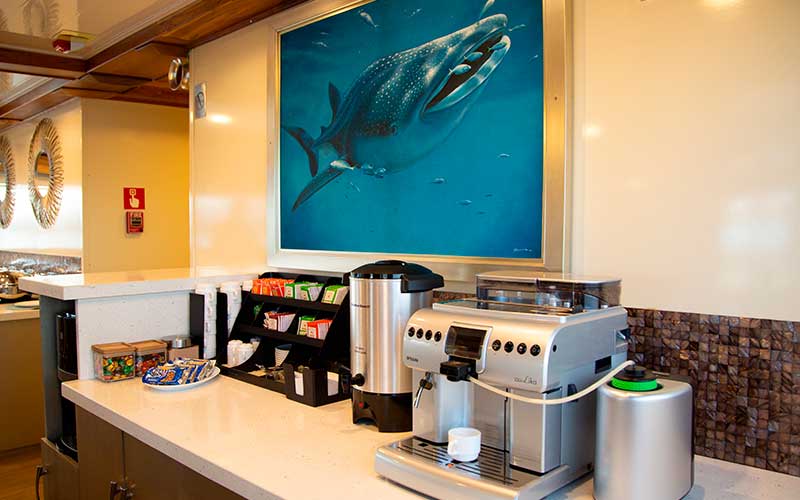 coffee station and unlimited water galaxy cruise to Galapagos