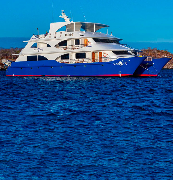 Exterior view Ocean Spray Catamaran in the ocean cruise to Galapagos