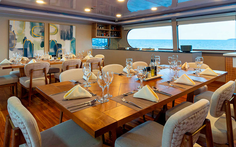 Indoor dining room for guests Petrel luxury catamaran