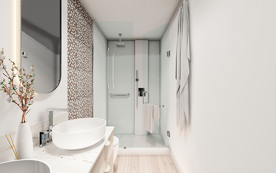 Baño privado con espejo, ducha y adornos en cada cabina del catamaran de lujo galaxy sirius