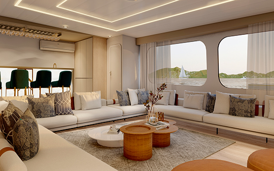 Salon comun moderno y relajante para pasajeros zona interior de un catamaran de lujo
