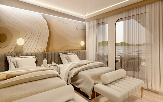 Cabina doble con ventanas panoramicas y vista al oceano de las islas galapagos catamaran de lujo