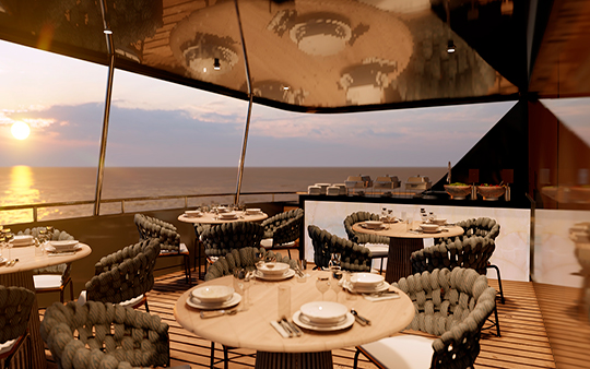 Outside dining room of the galaxy sirius luxury passenger catamaran with ocean and horizon view