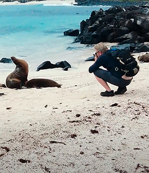 Pasajero tomando fotografias a un leon marino en su habitat natural cerca de las costas de galapagos
